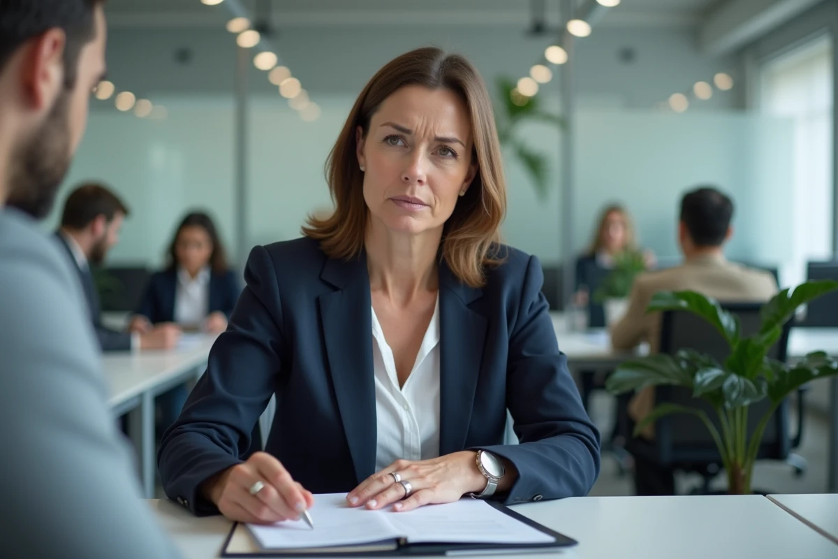 Femme d'une cinquantaine d'années consultant un conseiller en caisse de retraite avec un dossier administratif, concernant les droits liés aux heures supplémentaires