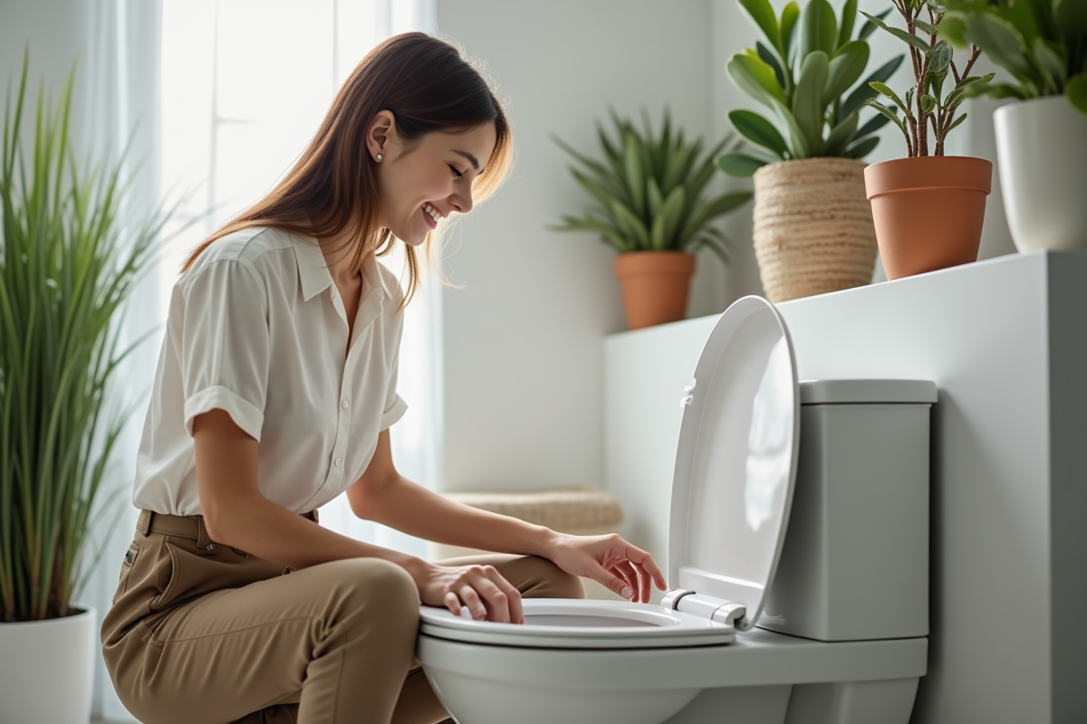 Jeune femme souriante montrant un siège de toilette luxe