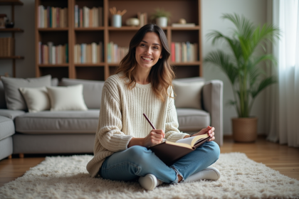 Femme assise en intérieur écrivant dans un journal