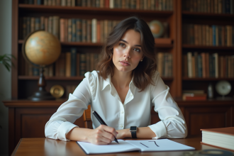 Femme écrivant le chiffre 17 sur un carnet dans un bureau