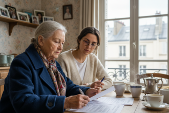 Femme âgée française avec sa fille regardant des documents