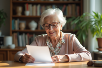 Femme de 95 ans lisant une lettre dans un intérieur chaleureux