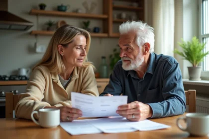 Femme d'âge moyen et son père âgé discutant autour de documents financiers