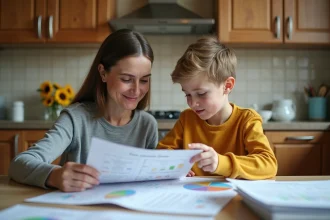 Femme et enfant examinant des documents familiaux à la cuisine