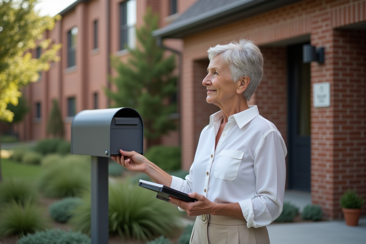 Femme vérifiant boîte aux lettres devant résidence
