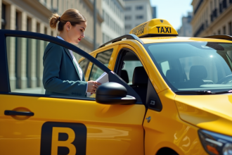 Femme professionnelle entre dans un taxi jaune en ville ensoleillée