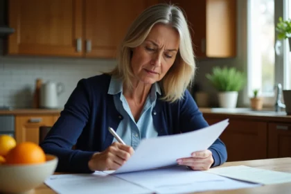 Femme concentrée remplissant des formulaires CPAM à la maison
