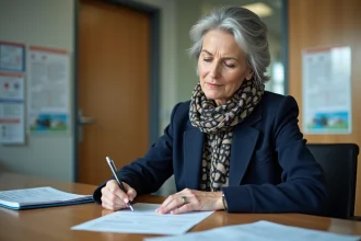 Femme d'âge moyen remplissant un formulaire à la mairie