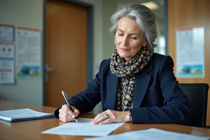 Femme d'âge moyen remplissant un formulaire à la mairie