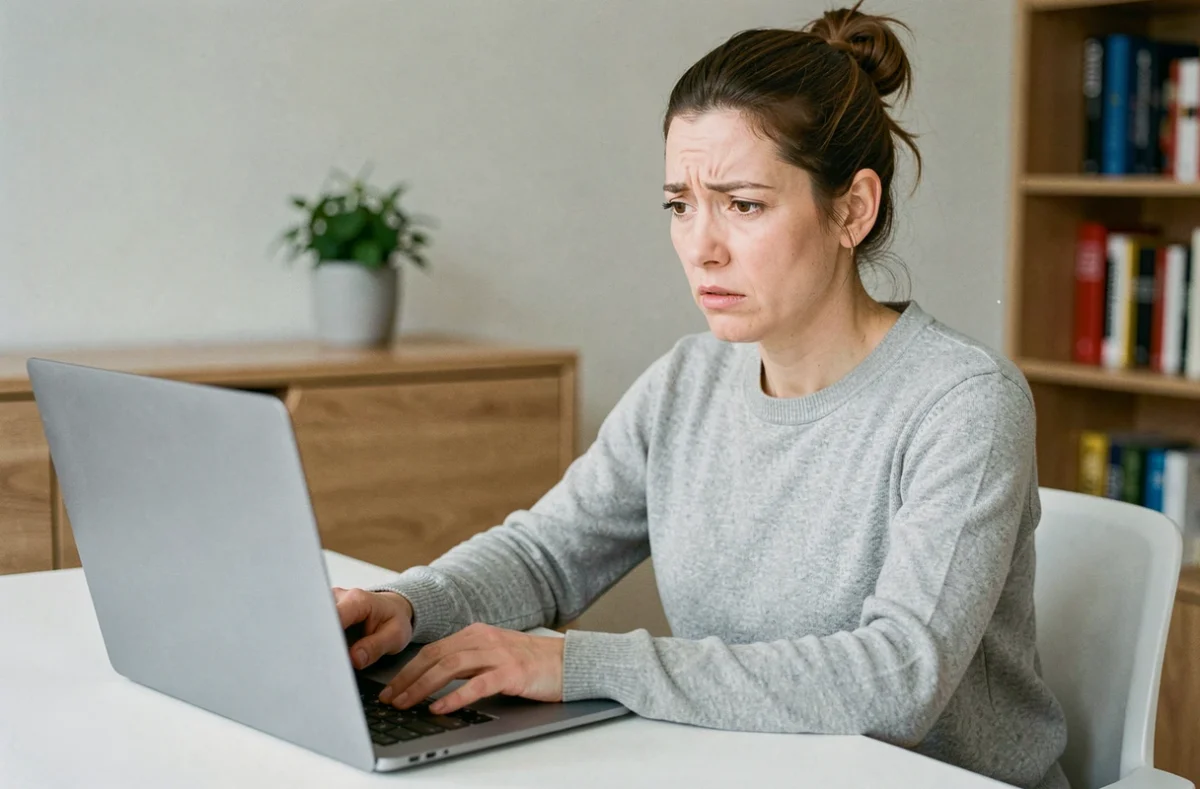 Femme frustrée devant son ordinateur portable essayant de télécharger l'application Mon Proxima