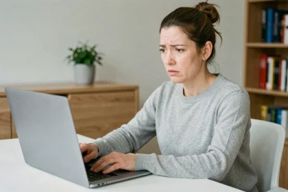 Femme frustrée devant son ordinateur portable essayant de télécharger l'application Mon Proxima