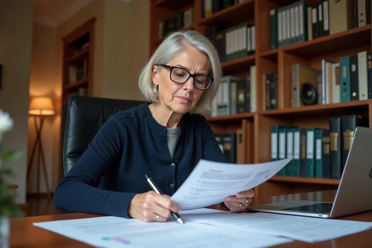 Une femme d'âge mûr examine des documents de tutelle à son bureau à domicile, illustrant la gestion quotidienne d'une tutelle