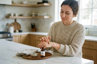 Femme appliquant de l'huile de nigelle sur sa main dans une cuisine moderne