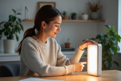 Femme assise avec lampe de luminotherapie dans un bureau moderne