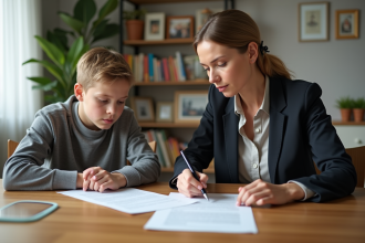 Femme d'âge moyen lisant des documents avec un adolescent
