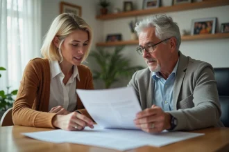Femme d'âge moyen lisant des documents avec un homme âgé