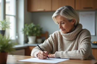 Femme d'âge moyen planifiant avec un calendrier dans une cuisine lumineuse