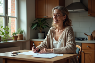 Femme d'une quarantaine remplissant des papiers dans une cuisine chaleureuse