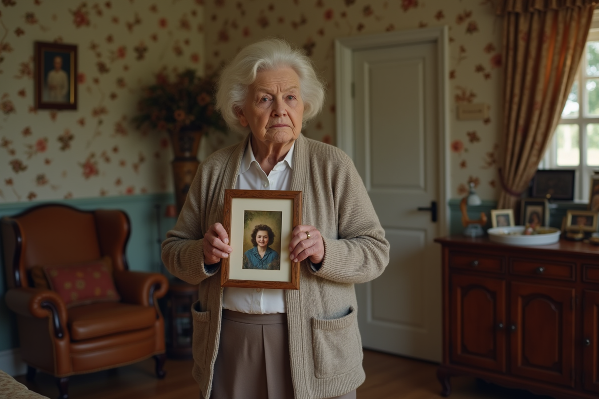 Femme âgée tenant une photo de famille dans un salon chaleureux