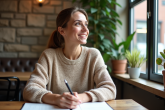 Femme pensante dans un café chaleureux et accueillant