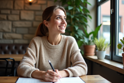 Femme pensante dans un café chaleureux et accueillant