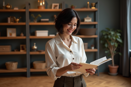 Femme souriante lisant une partition en répétition théâtre