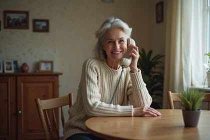 Femme d'âge moyen parlant au téléphone fixe dans un intérieur cosy