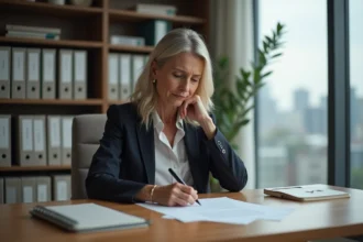 Femme d'âge moyen signant une lettre de retraite dans un bureau moderne