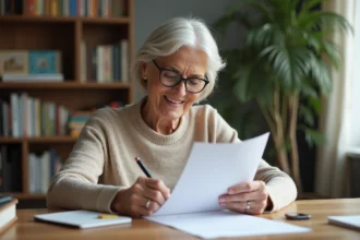Femme âgée remplissant des papiers de retraite à domicile