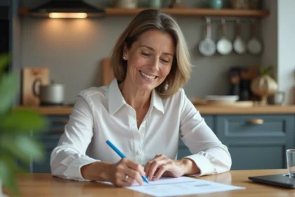 Femme d'âge moyen remplissant documents de retraite à la maison