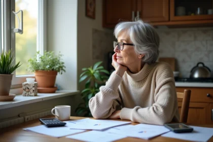 Femme retraitée réfléchissant devant ses papiers de pension