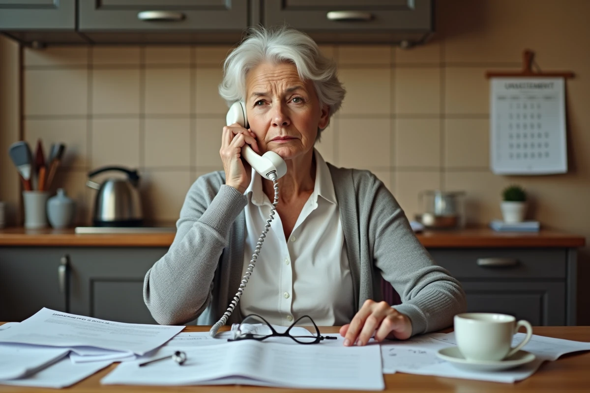 Femme retraitée inquiète appelant la CNAV depuis sa cuisine pour accélérer son dossier de pension en urgence financière