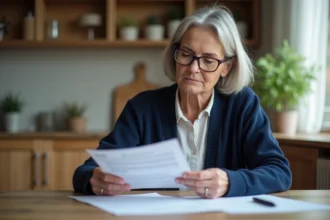 Femme retraitée qui consulte des documents de retraite Agirc-Arrco à la maison