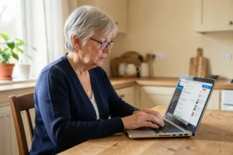 Femme retraitée mettant à jour ses données de retraite sur son ordinateur portable via un portail en ligne comme Agirc Arrco et France Connect