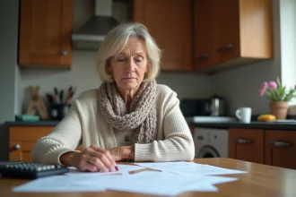 Femme d'âge moyen vérifiant ses papiers de pension à la maison