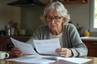 Femme retraitée examinant des documents de pension de réversion à une table en bois chez elle