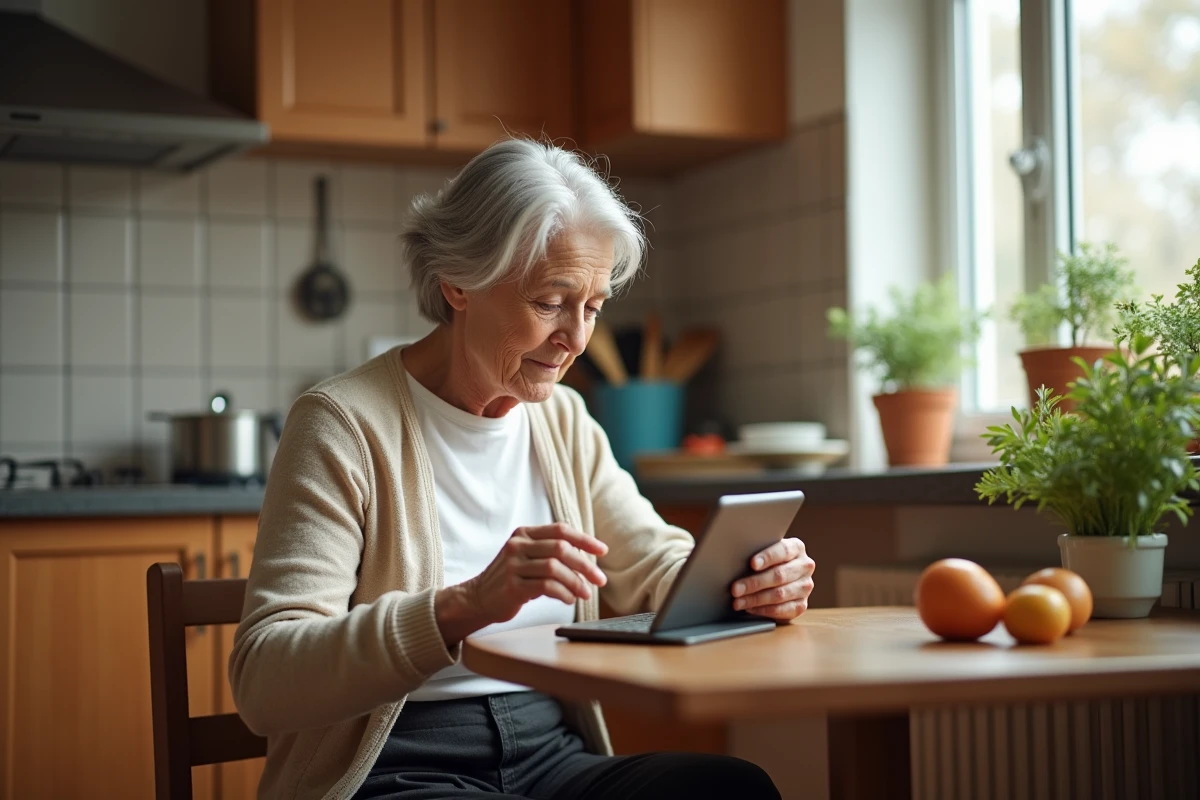 Femme âgée autonome utilisant une tablette numérique dans sa cuisine à domicile pour bien vieillir chez soi