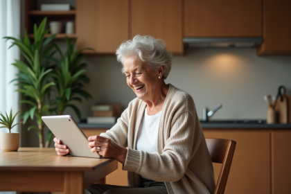 Femme senior souriante utilisant une tablette à la maison