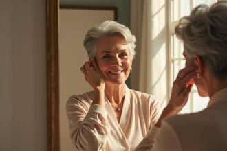 Femme senior élégante se coiffant devant un miroir lumineux