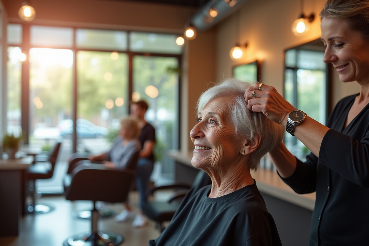 Femme senior en coiffure dans un salon moderne avec coiffeur