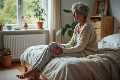 Femme senior assise sur le lit dans une chambre chaleureuse