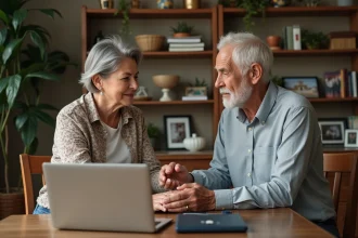 Femme senior et son père assis à la table en famille