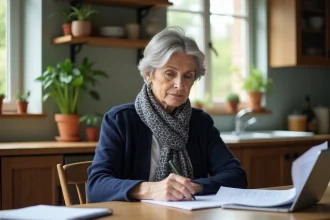 Femme d'âge moyen en cuisine avec documents et carnet