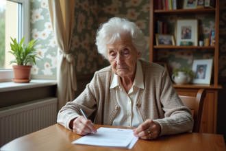 Femme senior examinant des papiers dans un foyer
