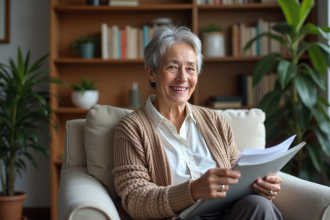 Femme senior souriante dans son salon chaleureux