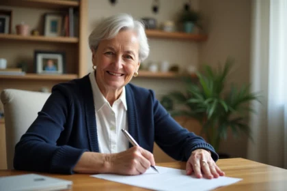 Femme senior souriante signant sa lettre de retraite