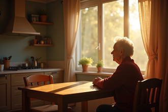 Femme senior seule à la cuisine en matinée lumineuse