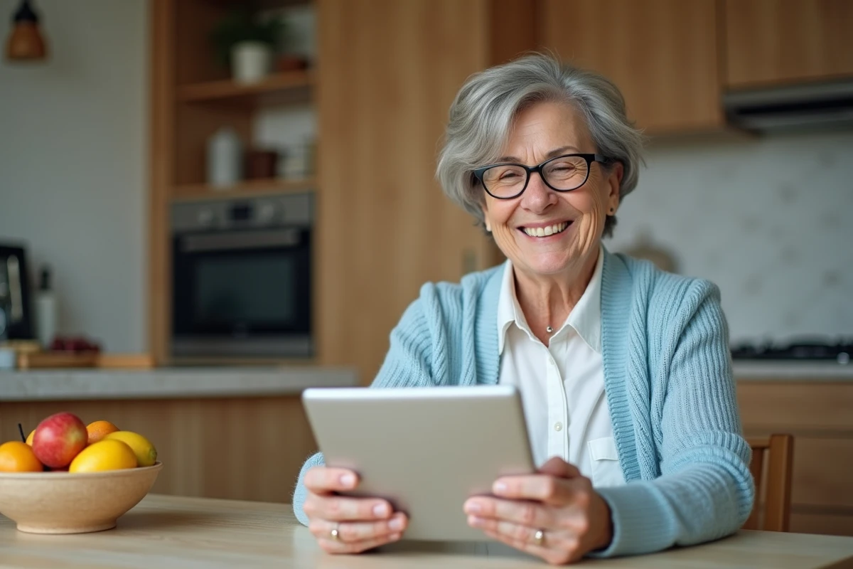 Femme âgée souriante utilisant une tablette dans sa cuisine chaleureuse