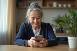 Femme senior vérifiant ses avantages retraite en ligne depuis son smartphone à la maison