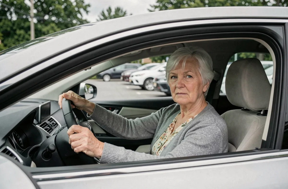 Une femme senior de 74 ans au volant de sa voiture, illustrant les enjeux du renouvellement du permis de conduire après 70 ans